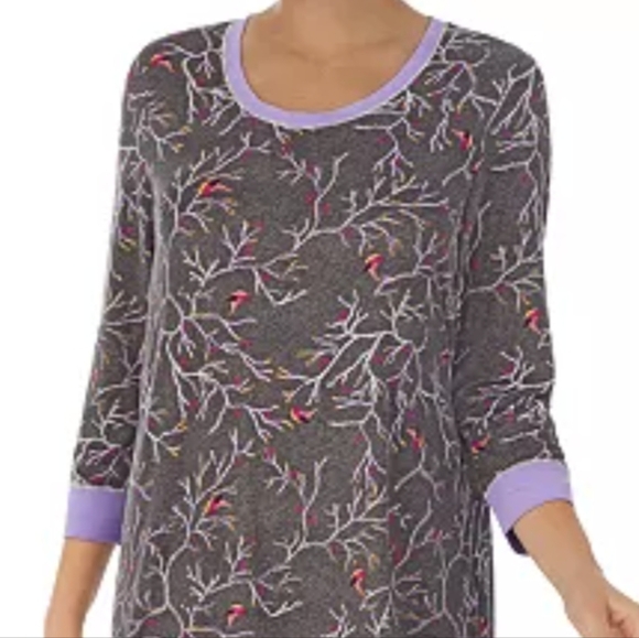 Cuddl Duds Womans Gray and Purple‎ Bird Print Top With 3/4 Sleeves Size Medium - Picture 1 of 6